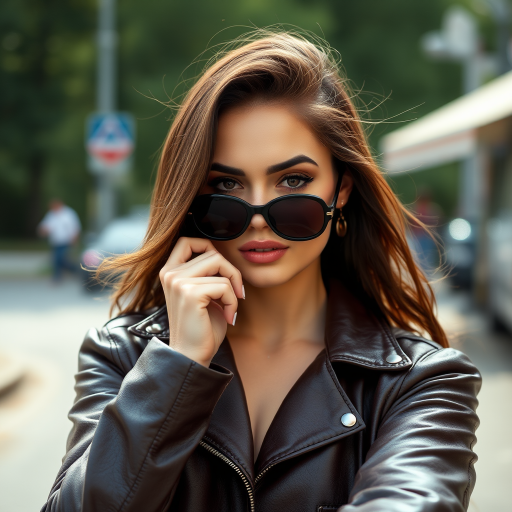 Outdoor shot, stunning female model, vintage leather jacket, sunglasses, cinematic effect, Position the camera at the model’s eye level using a 35mm f/1.4 lens