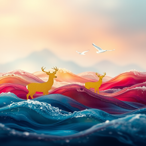high-quality image of abstract colorful waves with golden deer silhouettes in a serene landscape, with white birds flying in the background, captured with a Canon EOS R5, 50mm lens, f/1.8 aperture, ISO 100, using a soft focus effect and dramatic lighting to enhance depth and vibrancy.