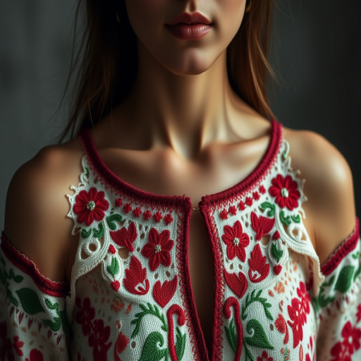 Face, shoulders, chest covered in openwork Ukrainian embroidery. Raw, unedited image.
