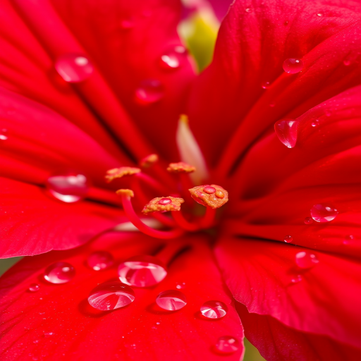 Capture a close-up of a vibrant red azalea flower with dew drops on its petals, using a 50mm lens at f/2.8, 1/200s shutter speed, ISO 100, natural soft lighting, and a DSLR camera to enhance color richness and detail.