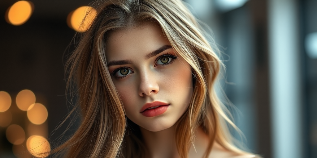 Create a portrait of a young woman with long, flowing hair and captivating eyes, shot with a Canon EOS R5, 85mm lens, f/1.2 aperture, ISO 100, in a well-lit studio with soft bokeh background lights for an ethereal effect.