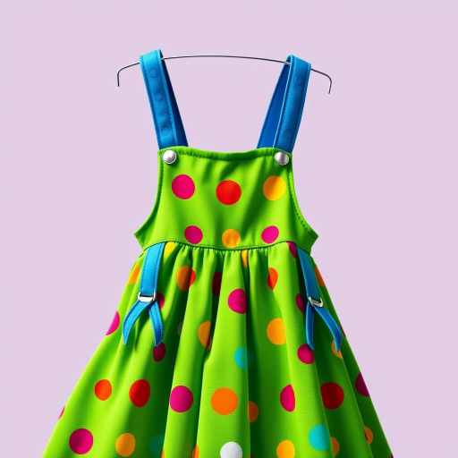 Generate a vibrant and playful illustration of a green dress with blue straps and colorful polka dots, captured using a Canon EOS R5 with a 50mm lens, aperture f/2.8, ISO 100, in a well-lit studio setting to enhance colors and details.