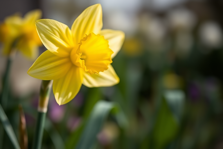 close-up of a yellow daffodil in a soft-focus garden background, f/2.8 aperture, 50mm lens, natural lighting, DSLR camera, shallow depth of field, vibrant colors