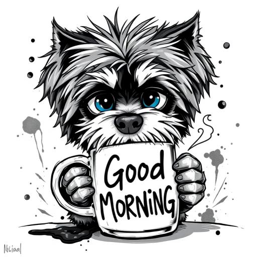A quirky, artistic illustration of a disheveled poogle dog breed with exaggerated, large eyes and spiky fur, holding a coffee mug that reads "Good Morning". The dog has a tired but humorous expression, with ink splatters and abstract details surrounding it, giving a whimsical feel to the image. The color palette is mostly monochrome with hints of blue in the eyes and steam rising from the mug, enhancing the overall sleepy vibe