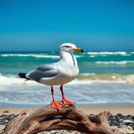 Generate a hyper-realistic image of a seagull standing on driftwood by a pristine beach, with turquoise waves gently rolling in under a clear blue sky, using a Canon EOS R5 camera with a 50mm lens, aperture set to f/1.8, ISO 100, and natural lighting, focusing on vibrant colors and fine details in the feathers and shoreline.