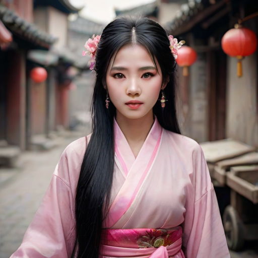 Ancient Chinese theme Ancient Chinese woman, wearing pink Hanfu, long black hair, delicate face Pale with fear, trembling under the garbage cart, beside an ancient street. bokeh,clear texture,super fine details,super clear resolution Rate