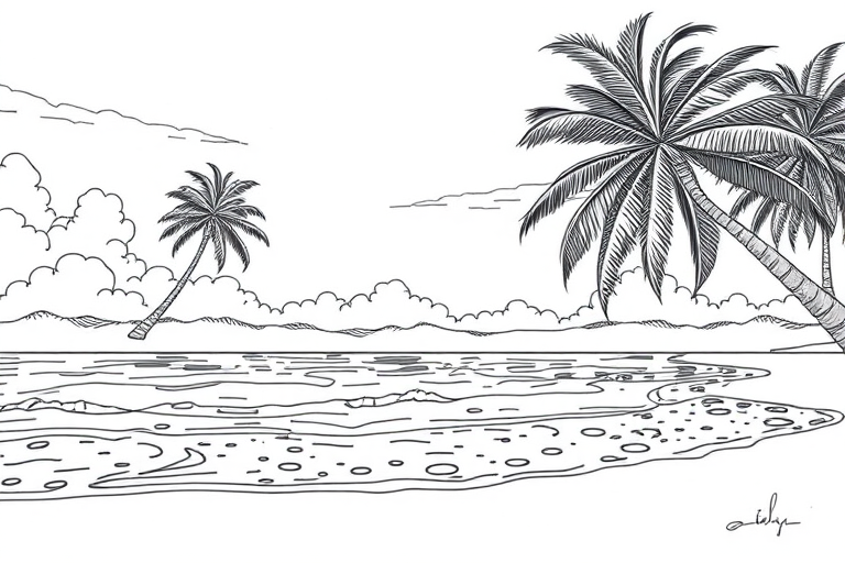Create a high-quality line drawing of a tropical beach scene featuring swaying palm trees, with a focus on the waves gently lapping at the shore, using a DSLR camera with a 50mm lens, aperture set to f/8, ISO 200, at a low angle view to capture depth and detail.