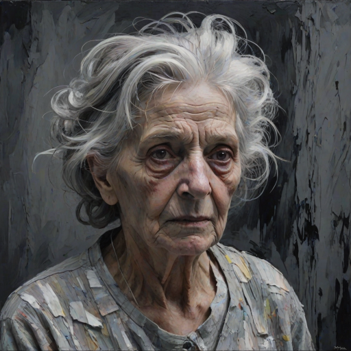 Final exit party. Dark Moody impasto dark picture edges. old woman. grey untidy hair streaked with white and pastel muted colours. include whole head and neck and shoulders. death lurks in the background.