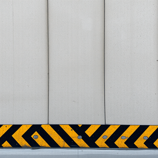 regenerate an image of a textured concrete wall with a yellow and black hazard stripe pattern running along the bottom, use a DSLR camera type, settings: aperture f/8, ISO 100, shutter speed 1/125, view from eye level, focus on the details of the texture and stripes for enhanced quality