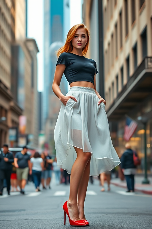 A young woman with ginger hair, wearing a tight black crop top and a flowy white skirt, stands confidently on a bustling New York street, her bright red high-heeled shoes drawing attention to her toned legs, with towering skyscrapers and crowded sidewalks blurred in the background.