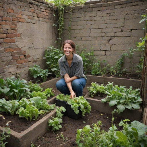 Overgrown city garden, hidden behind crumbling walls, a woman tends to a patch of vegetables, her hands dirty with soil as she smiles at her small, flourishing sanctuary.