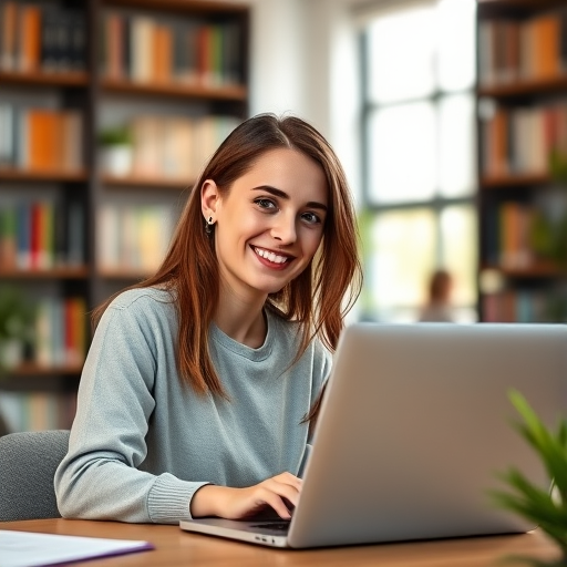 a young woman smiling while working on a laptop in a modern office with bookshelves in the background, soft natural lighting, depth of field focus on the subject, shot with a Canon EOS R5, 50mm lens, aperture f/1.8, ISO 200, shutter speed 1/100 sec