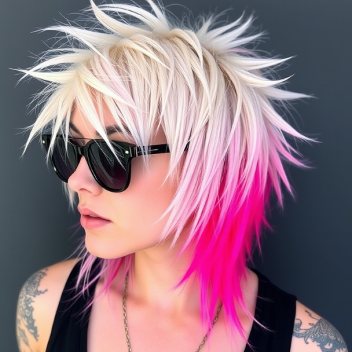 Edgy platinum blonde mullet with neon pink roots and choppy layers, styled in a tousled and textured manner for a modern punk rock vibe