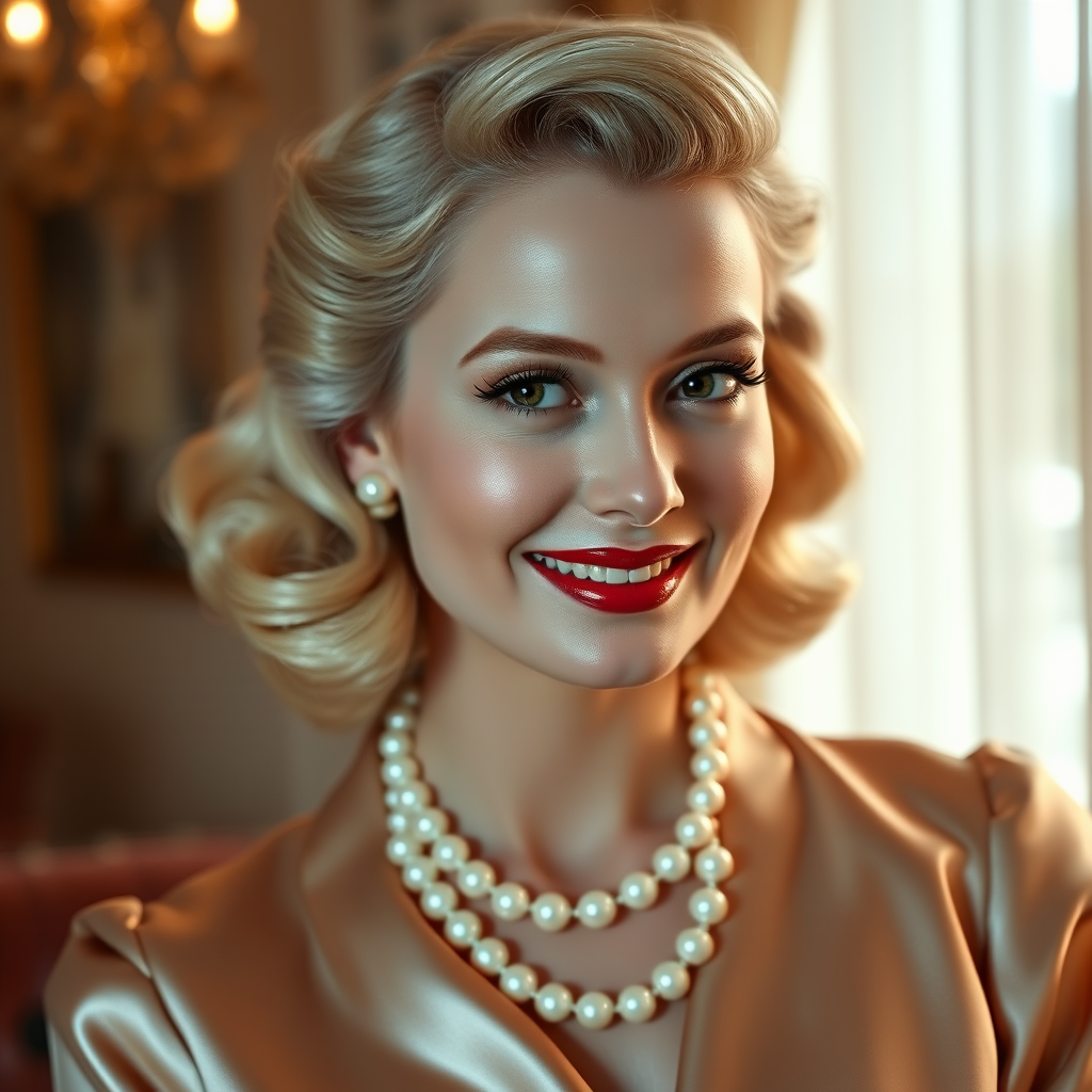 A beautiful Chaldean woman reminiscent of 1950s Hollywood glamour, with perfectly styled blonde hair and a seductive smile, dressed in a satin blouse and adorned with pearls, soft and warm tones, photorealistic, 8K