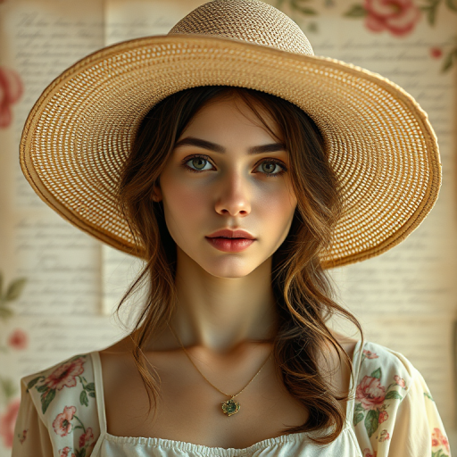 Create a portrait of a young woman wearing a wide-brimmed hat, with her face partially obscured, surrounded by a textured background of faded handwritten letters and floral patterns, captured with a Canon EOS R5 at f/1.4, ISO 100, 50mm lens, in soft natural lighting, with a shallow depth of field for a dreamy effect.