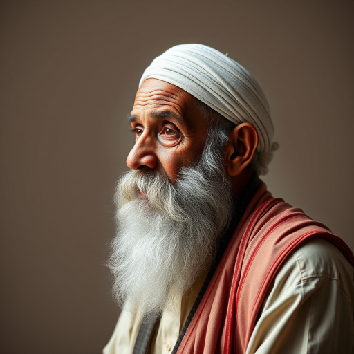 portrait of an elderly man with a long beard and traditional attire, soft dramatic lighting, high-resolution, 85mm lens, f/1.8 aperture, ISO 100, side profile view, studio setup, natural light simulation