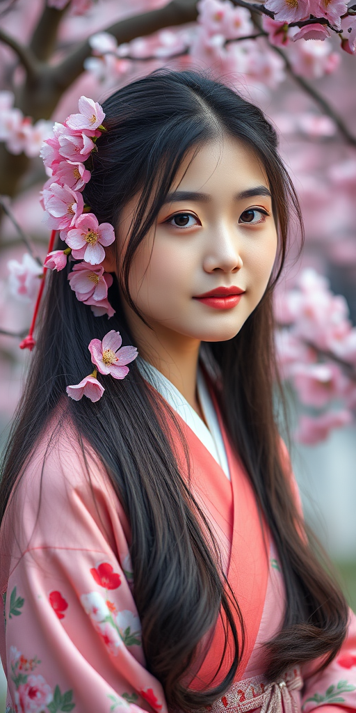 regenerate an image of a young woman with long dark hair adorned with pink flowers, wearing a traditional outfit, against a background of cherry blossoms, portrait style, soft focus, shot with a Canon EOS R5, 50mm lens, f/1.8, ISO 100, natural lighting