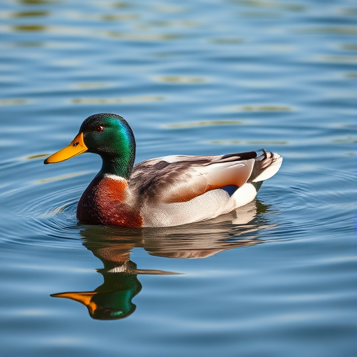 Create a detailed illustration of a duck swimming on a calm water surface, captured with a DSLR camera at f/4 aperture, 1/250s shutter speed, ISO 100, in natural lighting, from a low-angle perspective for enhanced depth and focus.
