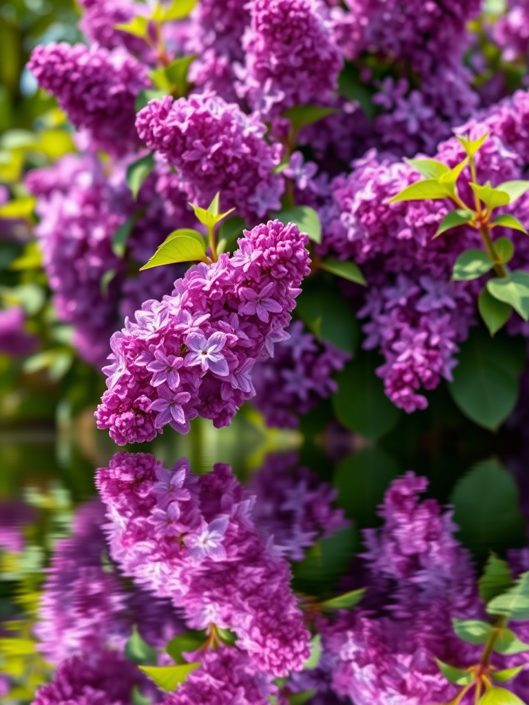 Generate a vibrant image of a lilac bush in full bloom with lush purple flowers, reflecting in a serene water surface, captured with a DSLR camera at f/8 aperture, 1/250 shutter speed, ISO 100, shot from a low angle perspective to enhance depth and detail, utilizing natural soft light for improved color accuracy.