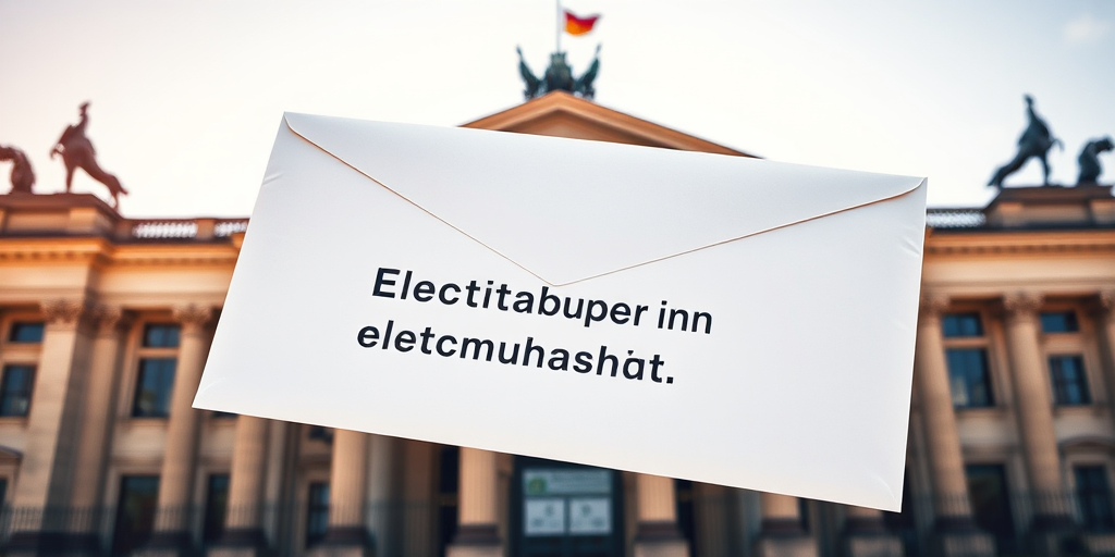 Regenerate an image of a large envelope for election notification with German text, in front of a historical building like the Reichstag, bright daylight, shot with a DSLR camera at f/8 aperture, ISO 100, 1/250 sec shutter speed, wide-angle lens, vibrant colors, clear details.