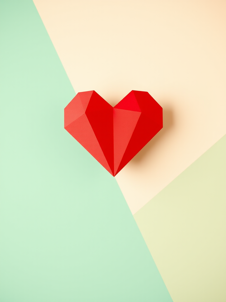 create a geometric heart shape in vibrant red on a soft green and beige triangular background, use a DSLR camera with a 50mm lens, aperture set at f/2.8, ISO 100, and a shallow depth of field for sharp focus on the heart while softly blurring the background.