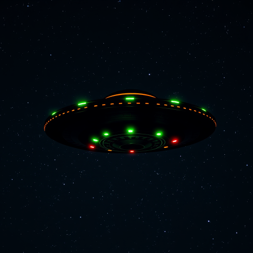 Create a highly detailed and realistic depiction of a flying saucer with glowing green and red lights, set against a starry night sky, using a DSLR camera with a 50mm lens, aperture set to f/1.8, ISO 400, and a slightly low angle view to capture the full silhouette against the cosmos.