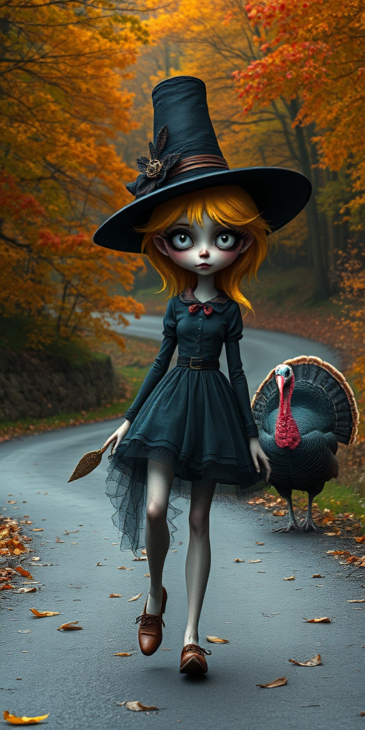 digital art fantasy depicting a strange girl with Yellow hair, long eyelashes, black lipstick and a tall hat walking along a winding road on an autumn afternoon, an Turkey smiles as she passes