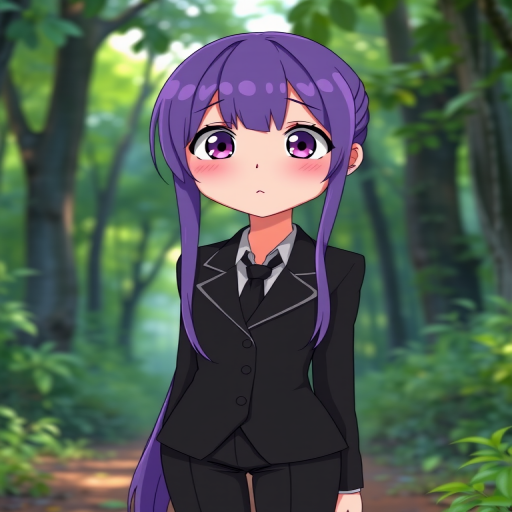 Generate an animated character of a girl with long purple hair wearing a black suit, standing in a lush green forest background with a surprised expression, captured with a DSLR camera at f/2.8, ISO 100, 50mm lens, with a vibrant color style.