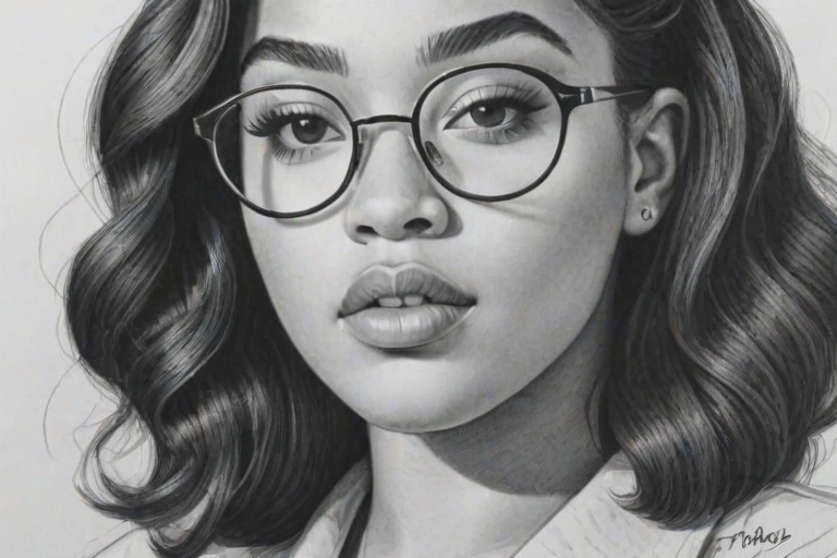 Delightful Jordyn Woods, pencil sketch, portrait of Ravishing woman 1939s in glasses, hair style beatnik, outline, clear lines, fine lines, 8k