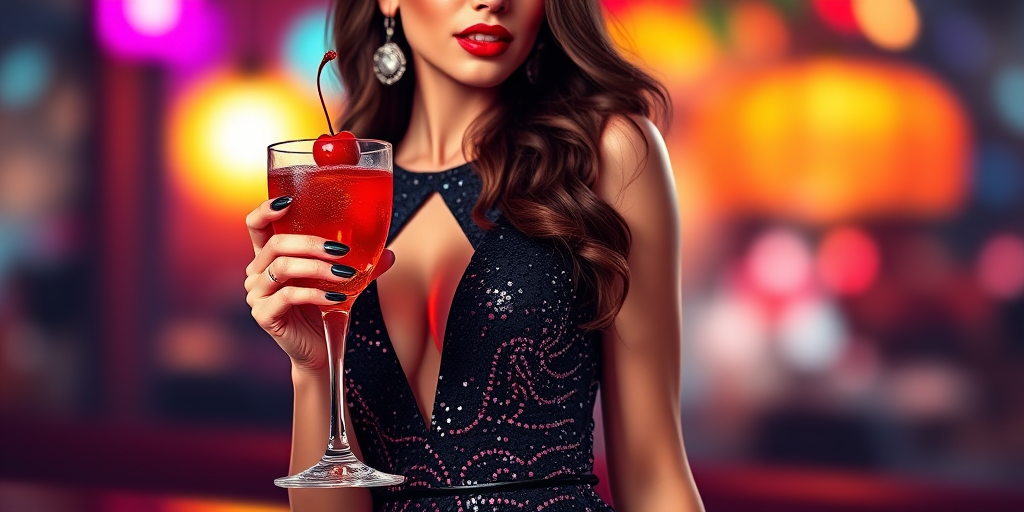 Create a vibrant digital illustration of a glamorous woman in a sparkling black dress holding a cocktail with a cherry, set against a colorful bokeh background, shot with a Canon EOS R5, 50mm lens, f/1.8 aperture, ISO 100, and vibrant color grading.