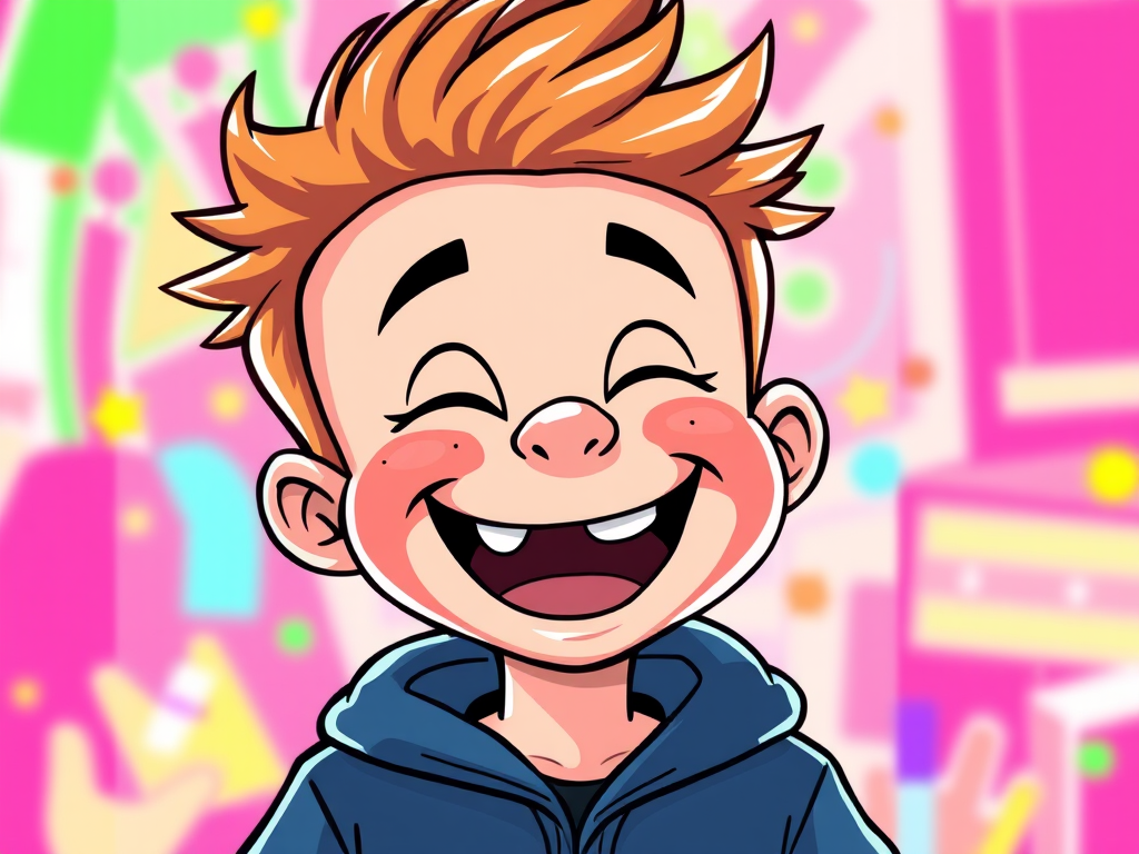 Create a cartoon-style illustration of a cheerful boy with spiky hair, featuring vibrant colors and a playful expression, captured with a DSLR camera at f/2.8, ISO 200, 50mm lens, with a bright and colorful background.