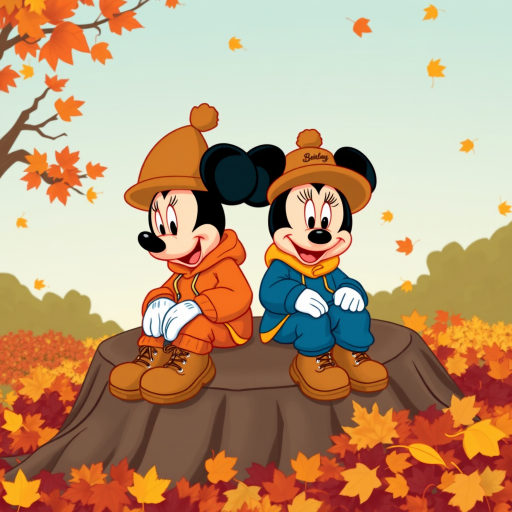 create a cartoon style of Mickey and Minnie wear Fall theme colored sweat suits with timberland boots and Bernie hats sitting together on a big tree stump surrounded by large color pile of raked leaves
