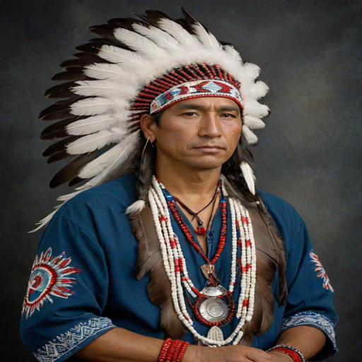 Create a dignified portrait of a Native American man dressed in traditional attire. He wears a beautifully crafted headdress adorned with white feathers and red beads, along with a beaded headband featuring intricate patterns. His clothing includes a deep blue, patterned shirt and a traditional chest piece with detailed beadwork. His arms are crossed, displaying leather armbands decorated with feathers. The background is simple and neutral, emphasizing his proud and stoic expression. The overall image captures the rich cultural heritage and strength of his persona.
