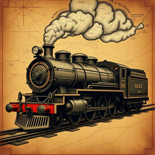 Create a vintage-style illustration of a steam locomotive with intricate details, set against a faded map background, captured with a DSLR camera at f/8 aperture, ISO 100, 50mm lens, and a 1/125 sec shutter speed for enhanced clarity and depth.
