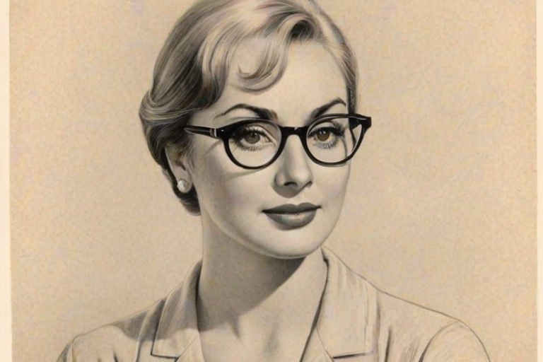 Exquisite Shirley Jones, pencil sketch, portrait of Appealing woman 1932s in glasses, hair style beatnik, outline, clear lines, fine lines, 8k