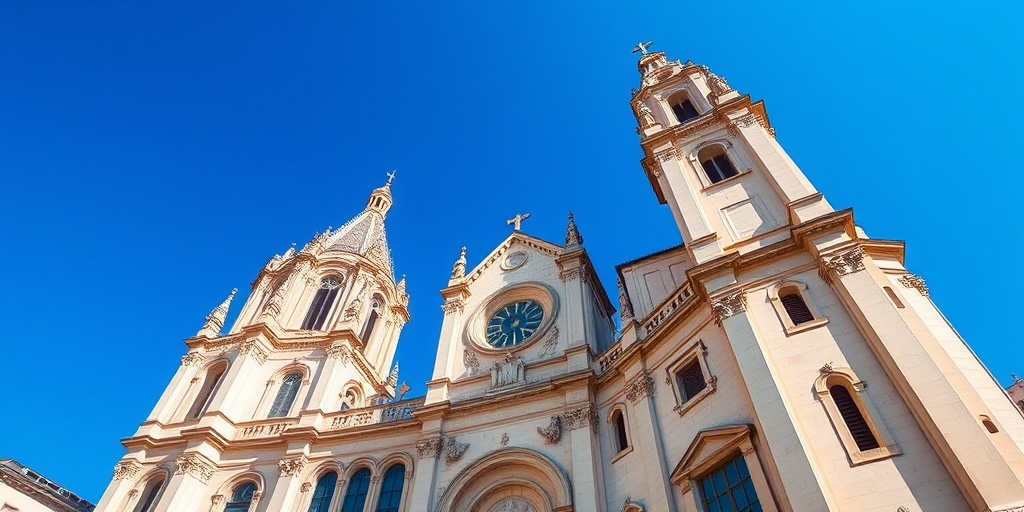 Regenerate an image of the Marseille Cathedral with a clear blue sky, shot at a low angle using a wide-angle lens, aperture set to f/8, ISO 100, and a focal length of 16mm, in bright daylight to enhance color vibrancy and detail.