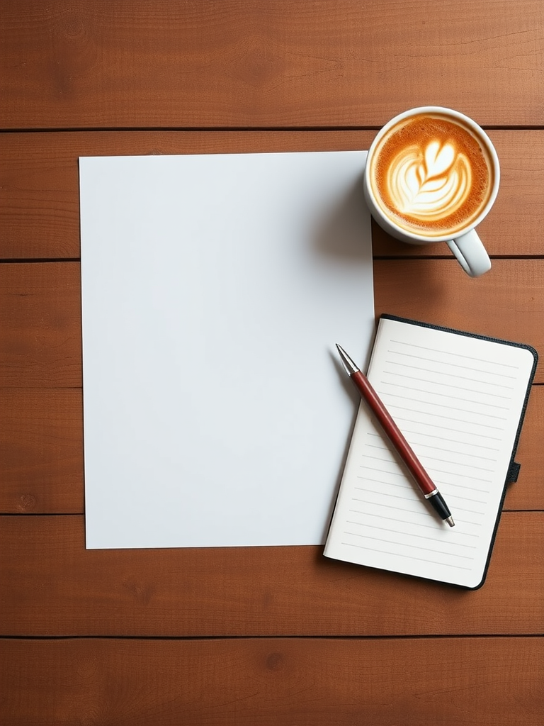 A flat lay composition featuring a blank white sheet of paper on a wooden table, with an open notebook, a pen, and a cup of coffee with latte art, captured with a Canon EOS R, 50mm lens, aperture f/2.8, shutter speed 1/60s, natural light, with a focus on texture and depth.