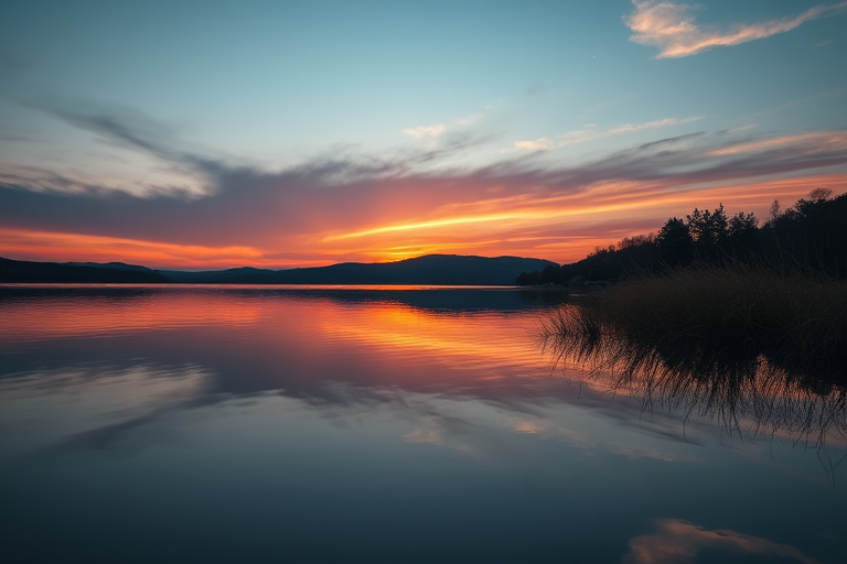 Create a high-resolution image of a tranquil sunset over a serene lake, captured with a Canon EOS R5 camera, 35mm lens, at f/8 aperture, ISO 200, shot from a low angle with a wide-angle view to emphasize the reflection on the water.