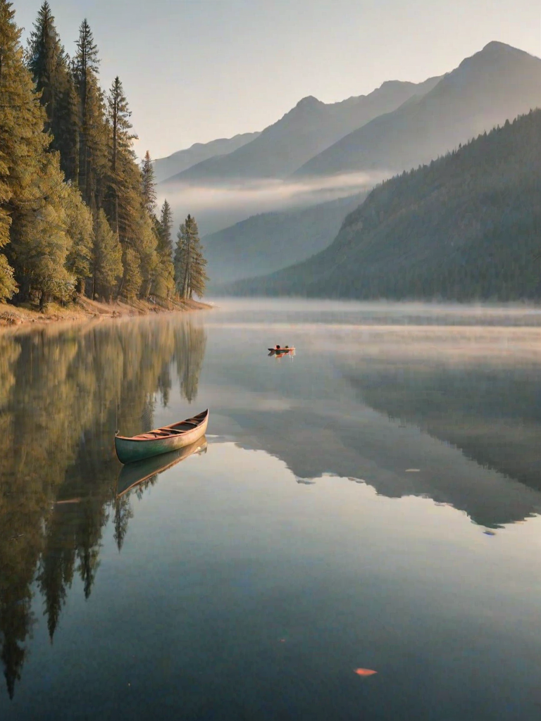Soft-focus image of a serene lake reflecting the surrounding mountains at sunrise, with soft mist rising off the water and a single canoe gently gliding across the surface.