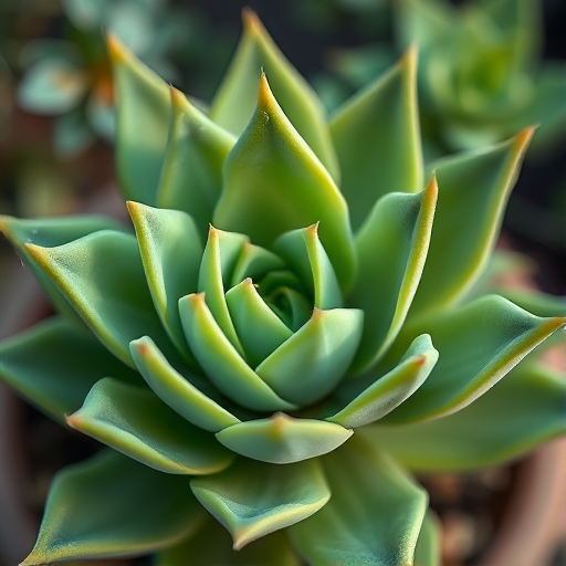 Create a high-resolution digital illustration of a succulent plant with sharp, pointed leaves in various shades of green, using a macro camera setup with a 50mm lens, f/2.8 aperture, and a shallow depth of field for a blurred background effect.
