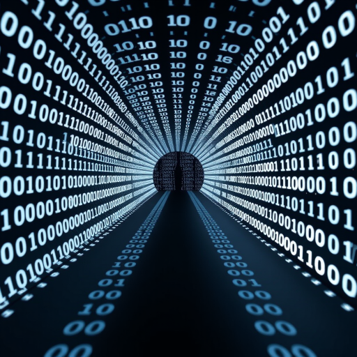 Create an image of a tunnel made of binary code with ones and zeros receding into the distance, shot with a 50mm lens, f/1.8 aperture, ISO 100, 1/125 sec, in a straight-on perspective, using a digital camera for high clarity and depth.