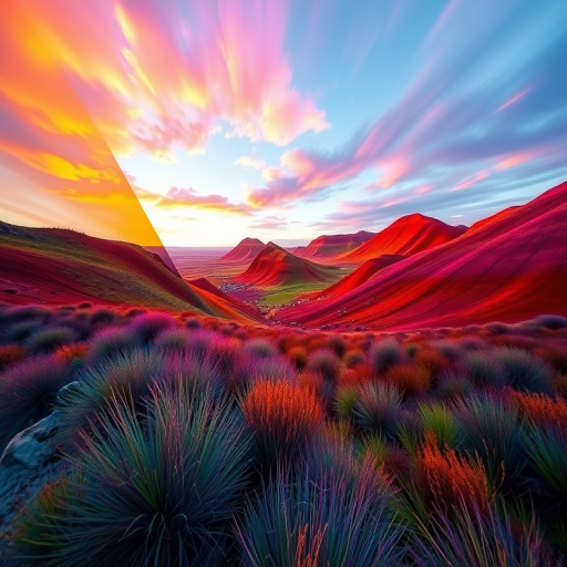 Create a high-resolution abstract landscape with vibrant colors and dynamic shapes, captured with a Canon EOS R5, 24mm f/1.4 lens, at ISO 100, 1/250s exposure, in a wide-angle view to enhance depth and perspective.