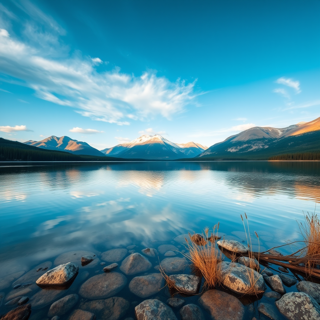 Create a high-resolution image of a serene landscape with mountains in the background and a calm lake in the foreground, using a DSLR camera set to f/8 aperture, ISO 100, 1/125 shutter speed, taken from a low-angle perspective to capture reflections on the water, with vibrant colors and high dynamic range.