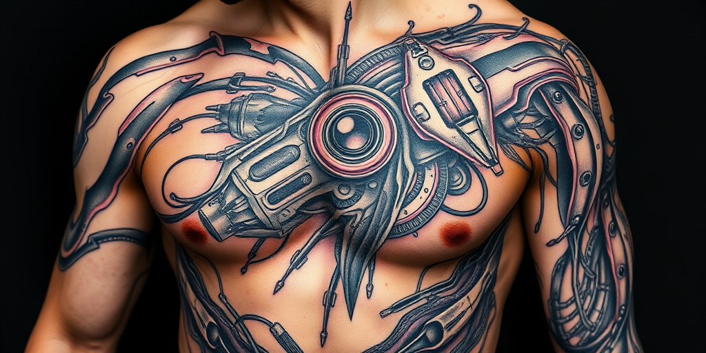 Biomechanical tattoo dubbed "Cyber Fusion" blending organic forms with mechanical elements to create the illusion of robotic parts seamlessly integrated with human anatomy
