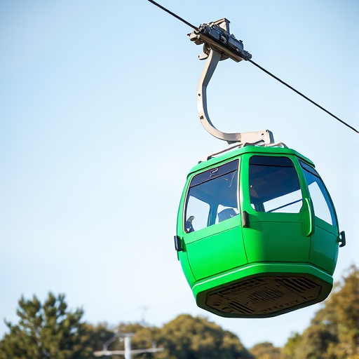 A high-resolution image of a green gondola on a cable car system against a clear sky, captured with a DSLR camera at f/8 aperture, 1/500 sec shutter speed, ISO 200, 50mm lens, with natural lighting and a slight upward angle for perspective.
