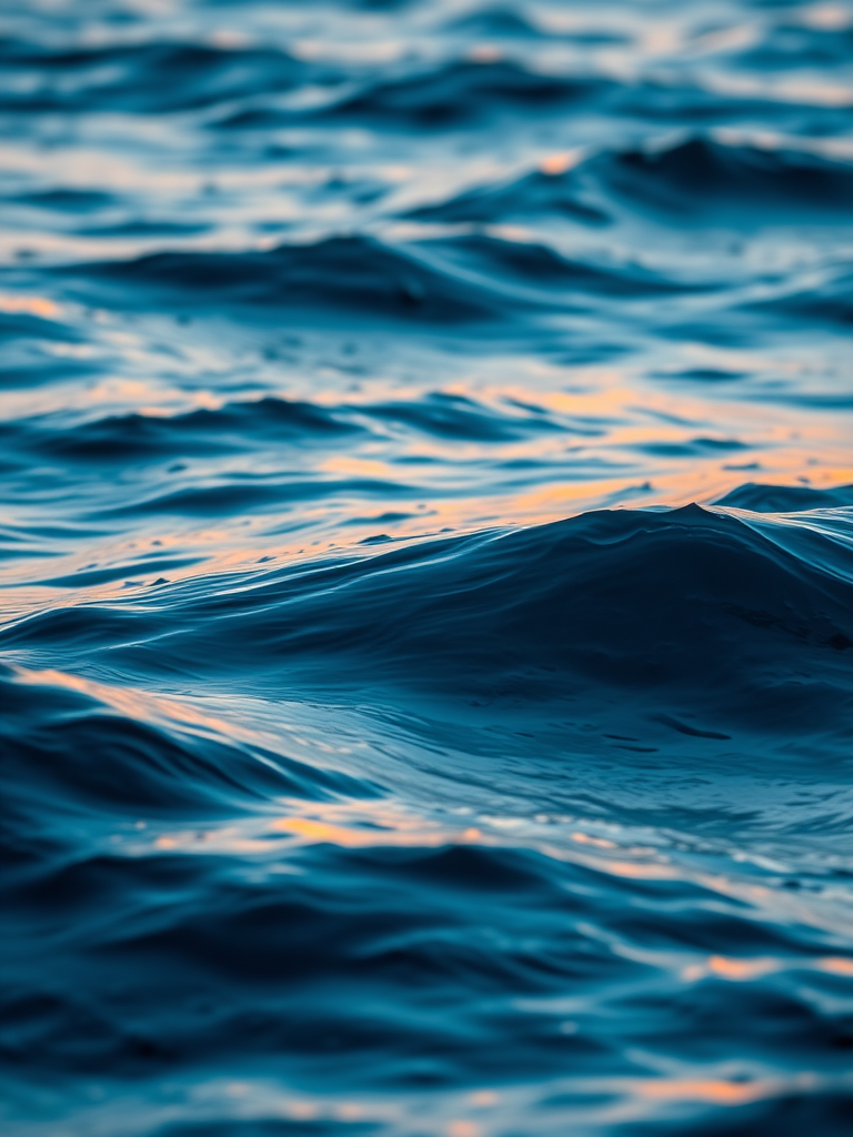 Generate an image of a serene blue wave landscape at sunrise with soft, flowing waves illuminated by glowing lights, using a DSLR camera, 50mm lens, f/1.8 aperture, ISO 100, and a low-angle view to enhance depth and detail.