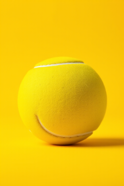 Create a high-resolution image of a bright yellow tennis ball on a plain background, using a macro lens at f/2.8, ISO 100, and a shutter speed of 1/200s, with a shallow depth of field to emphasize texture and color vibrancy.