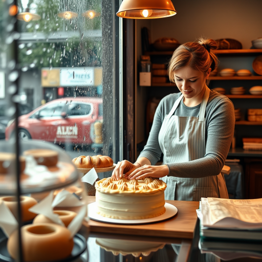 Cozy bakery on a rainy day, the smell of freshly baked bread filling the air, a woman in an apron stands behind the counter, carefully frosting a cake as the rain patters against the window.