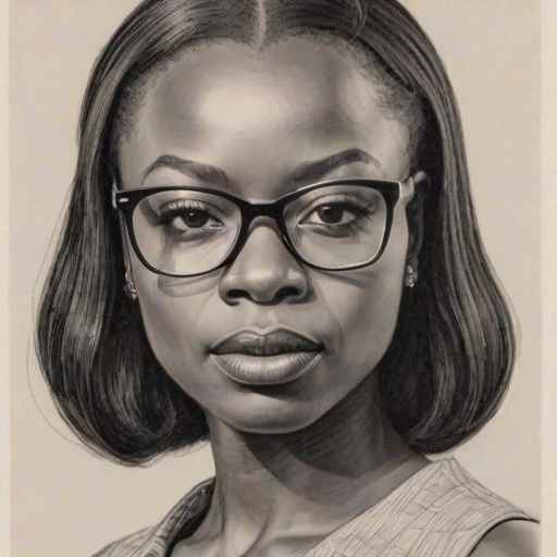 Superb Danai Gurira, pencil sketch, portrait of Graceful woman 1962s in glasses, hair style beatnik, outline, clear lines, fine lines, 8k