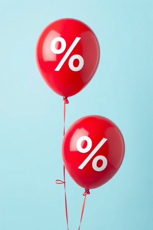 create a vibrant illustration of two red balloons with white percent signs on them, set against a soft blue gradient background, using a Canon EOS R, 50mm lens, f/1.8 aperture, ISO 100, natural lighting to enhance the glossy texture and colors of the balloons